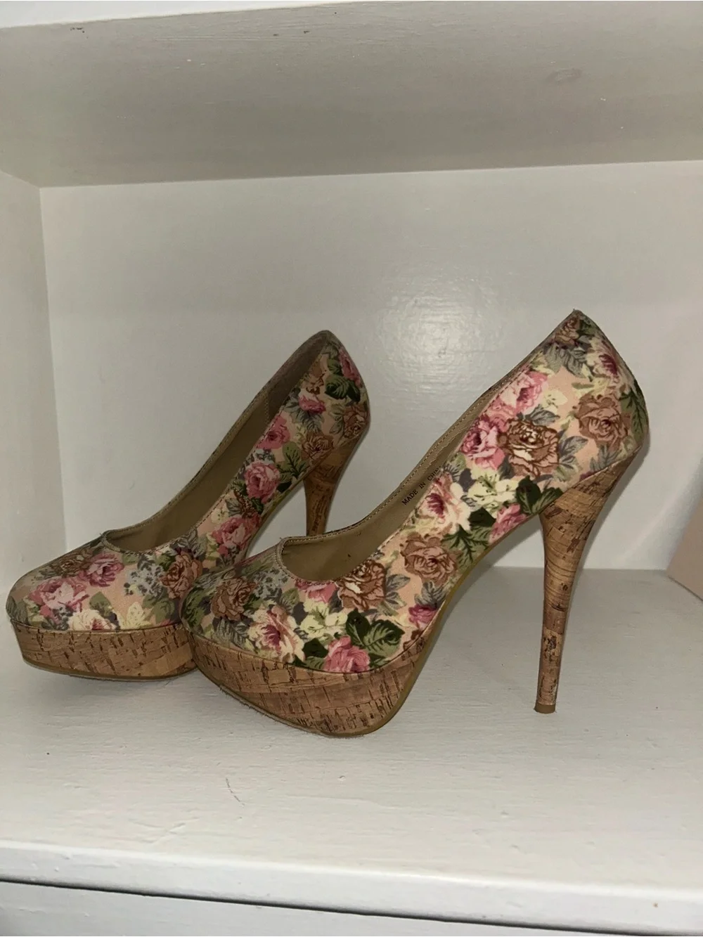 Forever 21 Floral Cork Platform Heels - Pink, Green, Brown